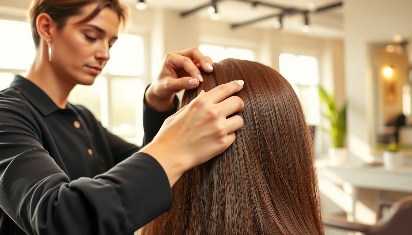 Stylist expertly installing genius weft hair extensions for a seamless look and vibrant hair.