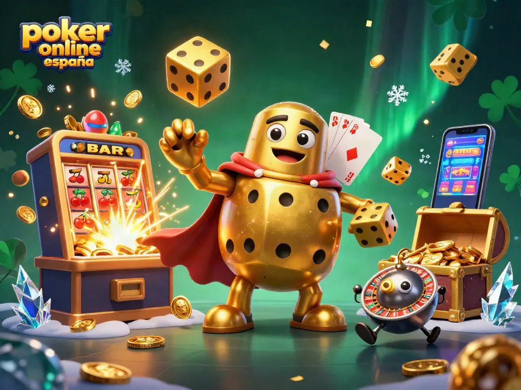 Juega al póker online España con un emocionante personaje de dados dorados y una máquina tragamonedas repleta de premios.