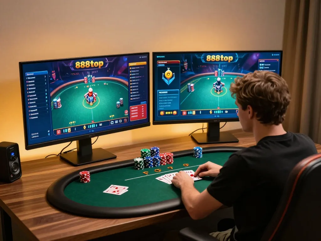 Player engrossed in poker gameplay on 888top platform, showcasing a dynamic gaming environment.