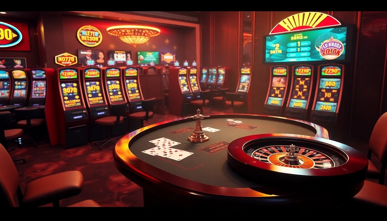 Engaging scene featuring NOHU90 casino tables, cards, and vibrant slot machines.