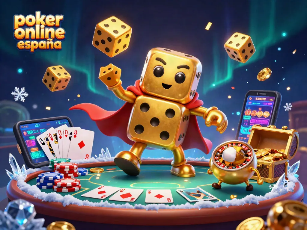 Descubre las mejores estrategias en poker online España con esta ilustración dinámica llena de emoción y color.