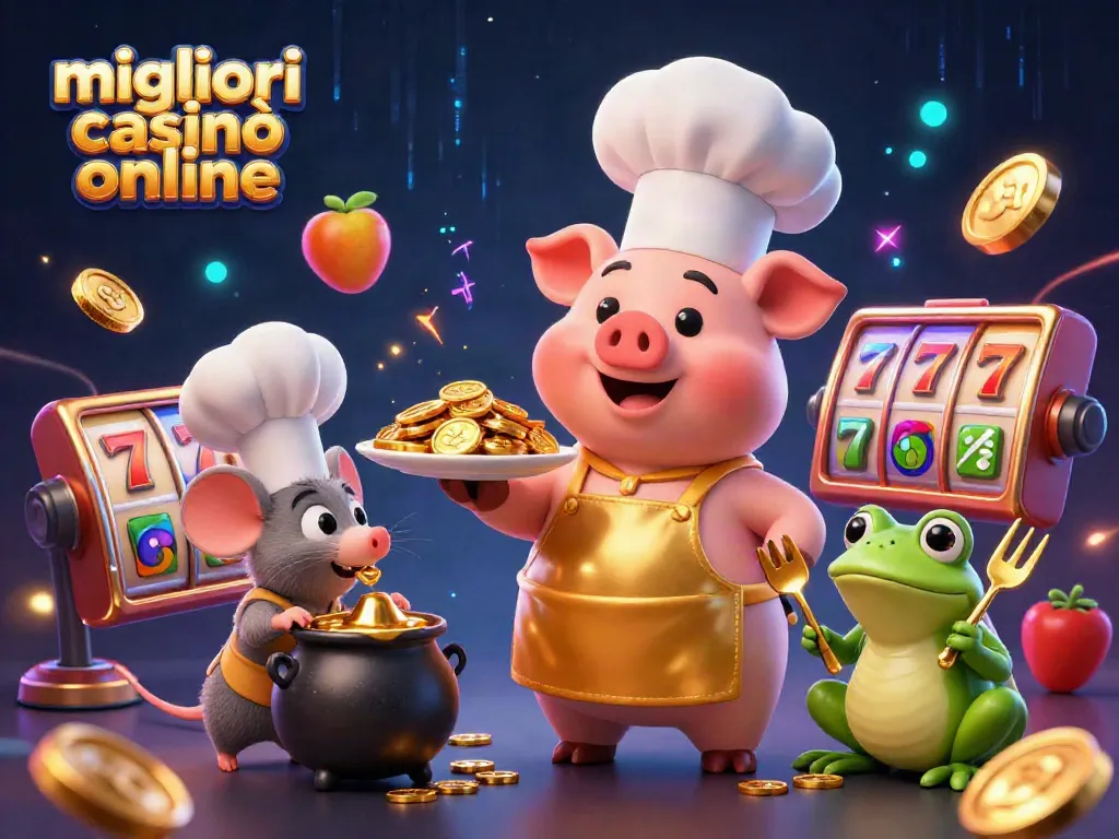 Migliori casinò online, chef cartoon tra slot machine e simboli dorati mentre serve monete.
