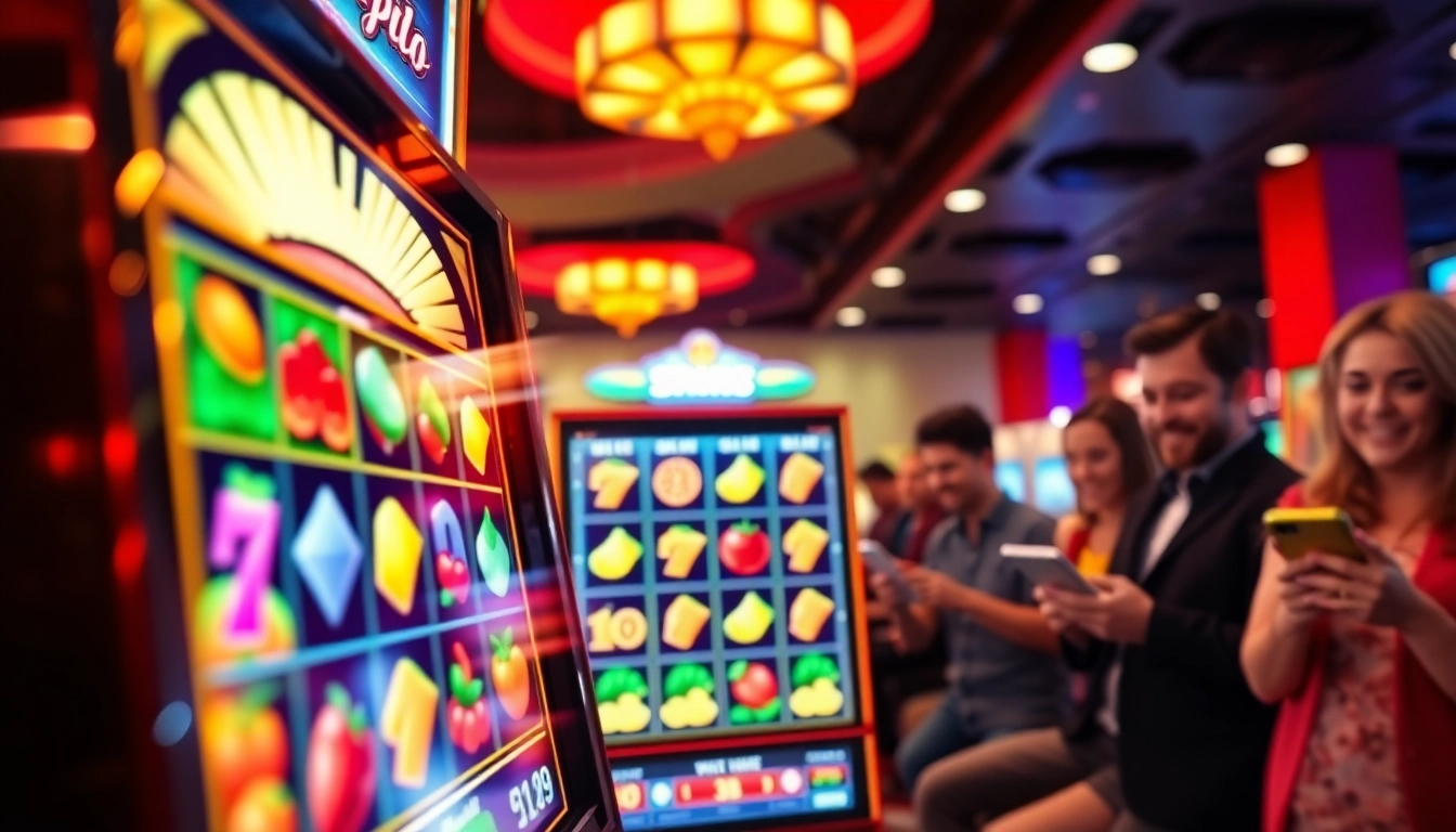 Menangkan demo slot online dengan mesin slot digital yang penuh warna dan pemain bersama perangkat mereka.