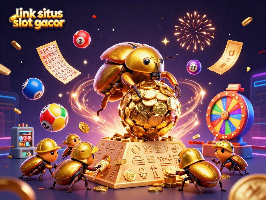 Menggulung emas di link situs slot gacor yang bersinar, dengan simbol kasino dan bola lotere yang berwarna-warni.