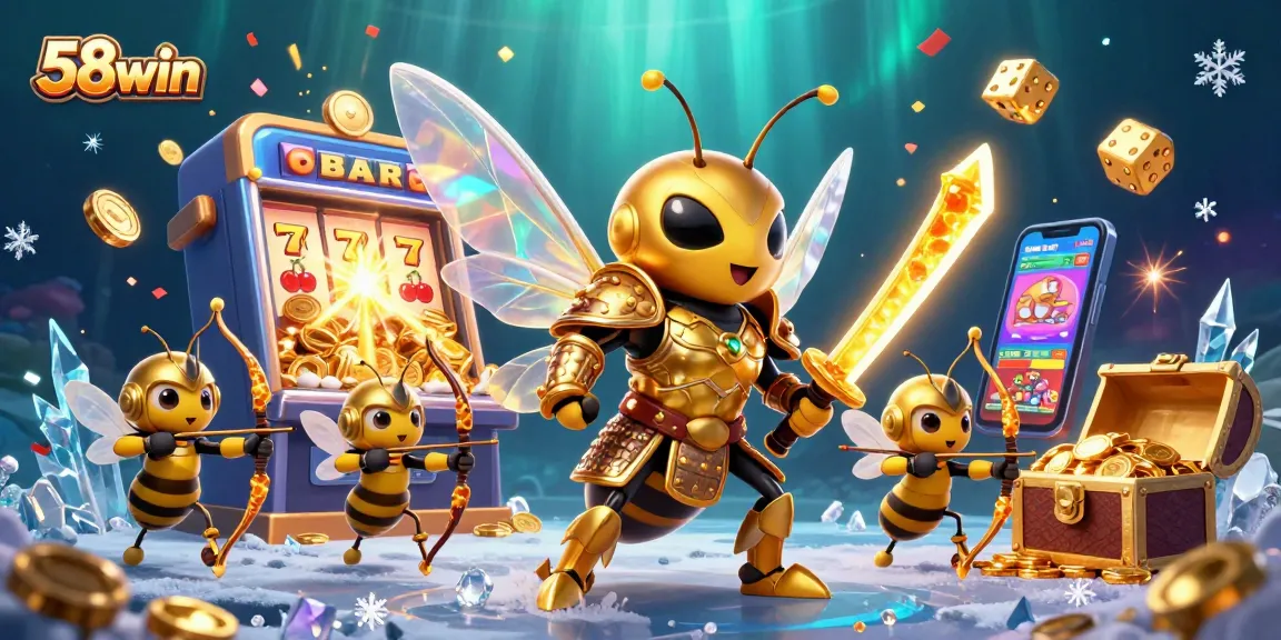 Engage with 58win’s vibrant 3D casino illustration showcasing immersive slots and lively game elements.