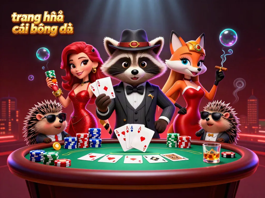 Trang nhà cái bóng đá với bầu không khí sôi động của các nhân vật hoạt hình tại bàn poker