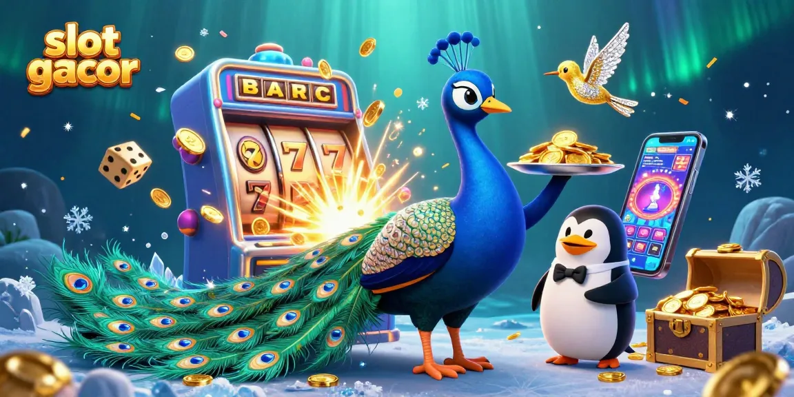 Engage with the vibrant slot gacor scene showcasing a peacock, penguin, and hummingbird amidst casino delights.