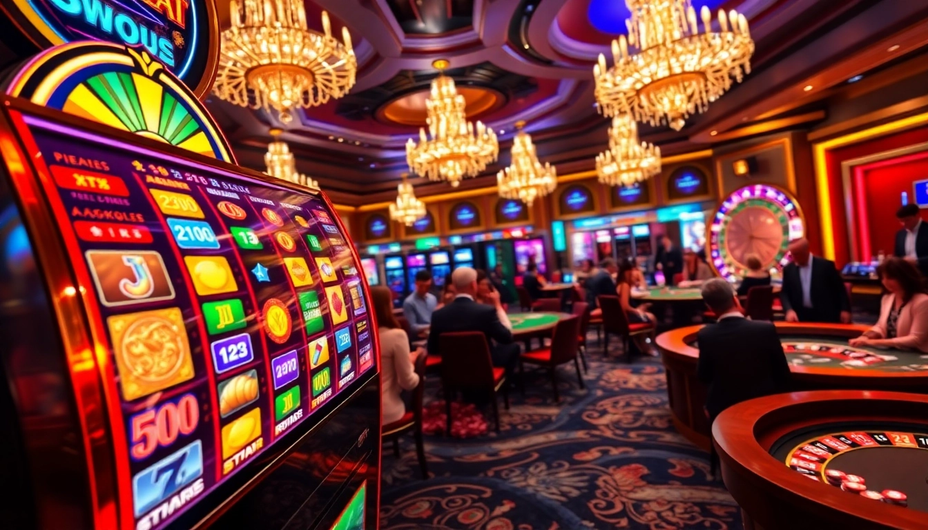 Engaging players at a Pragmatic Play slot machine, showcasing high RTP excitement in a luxurious casino.
