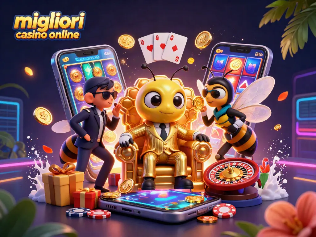 Gioca nei migliori casino online con slot colorate e premi incredibili in un'illustrazione animata vivace.