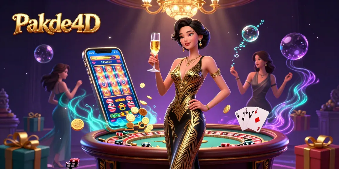 Experience the thrill with Pakde4D, an elegant Asian woman celebrating at a vintage roulette table surrounded by dynamic gaming elements.