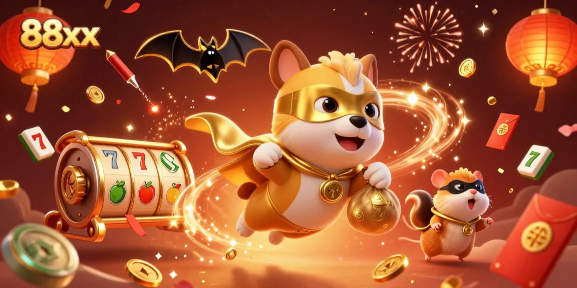 Experience thrilling games at 88xx as our superhero dog and sidekick collect golden coins in a vibrant casino