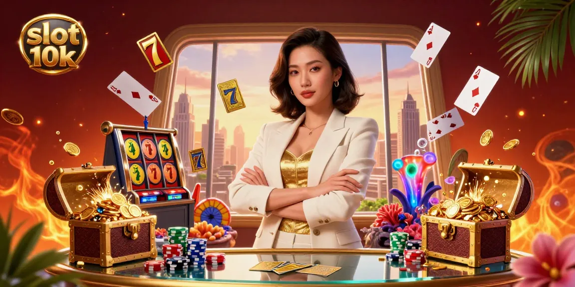 Experience thrilling wins with slot 10k as the elegant businesswoman holds cards amidst vibrant casino elements.