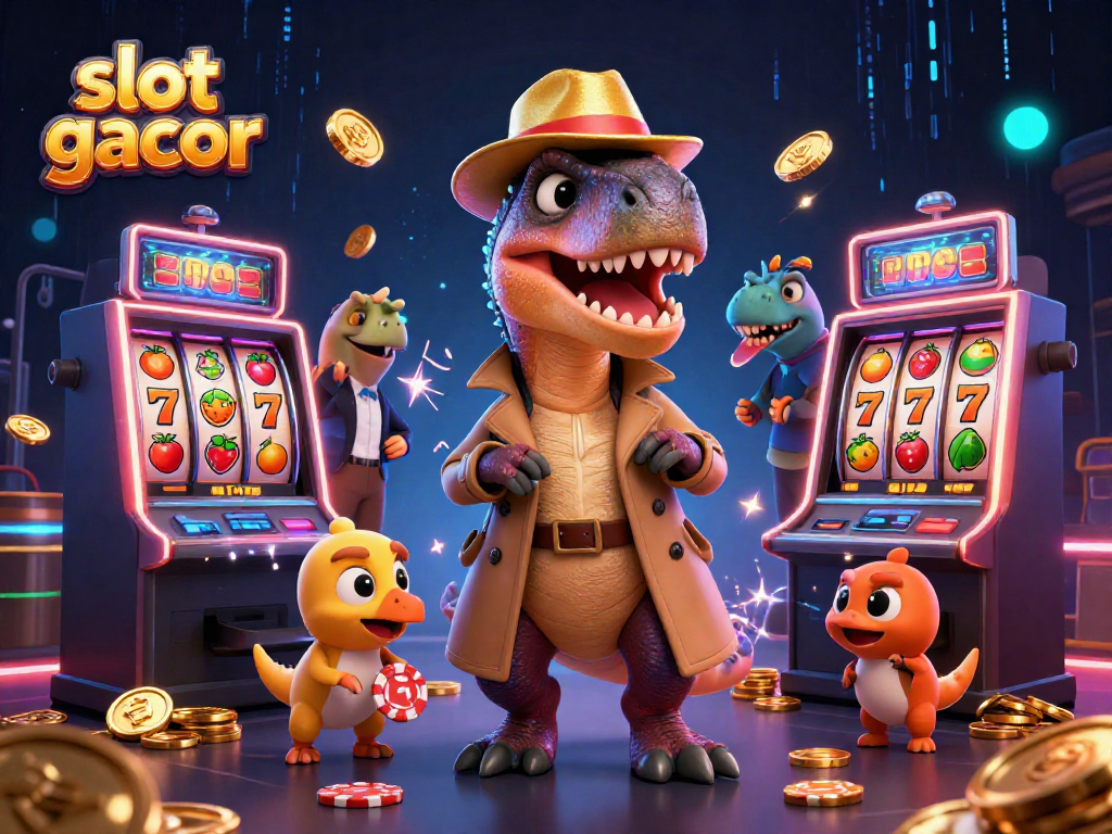 Slot gacor menampilkan velociraptor menghitung kartu di mesin slot dengan komik dan elemen kasino lainnya.