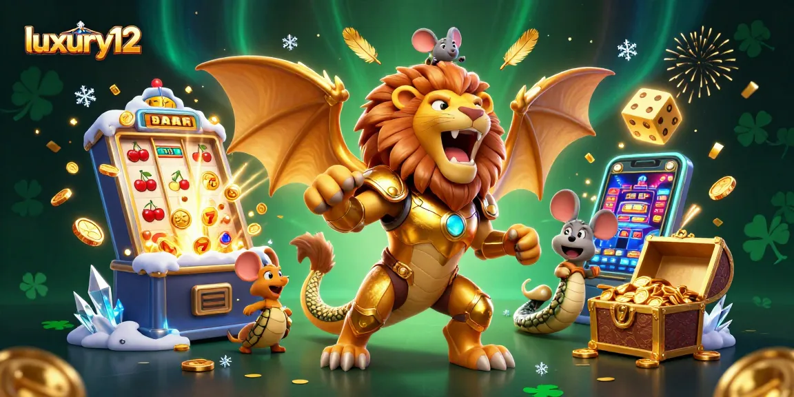 Experience luxury12 with a golden chimera in a vibrant casino scene full of jackpots.