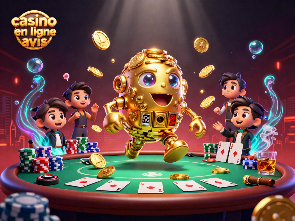 Illustration dynamique sur casino en ligne avis, présentant un golem en or et des éléments de poker.