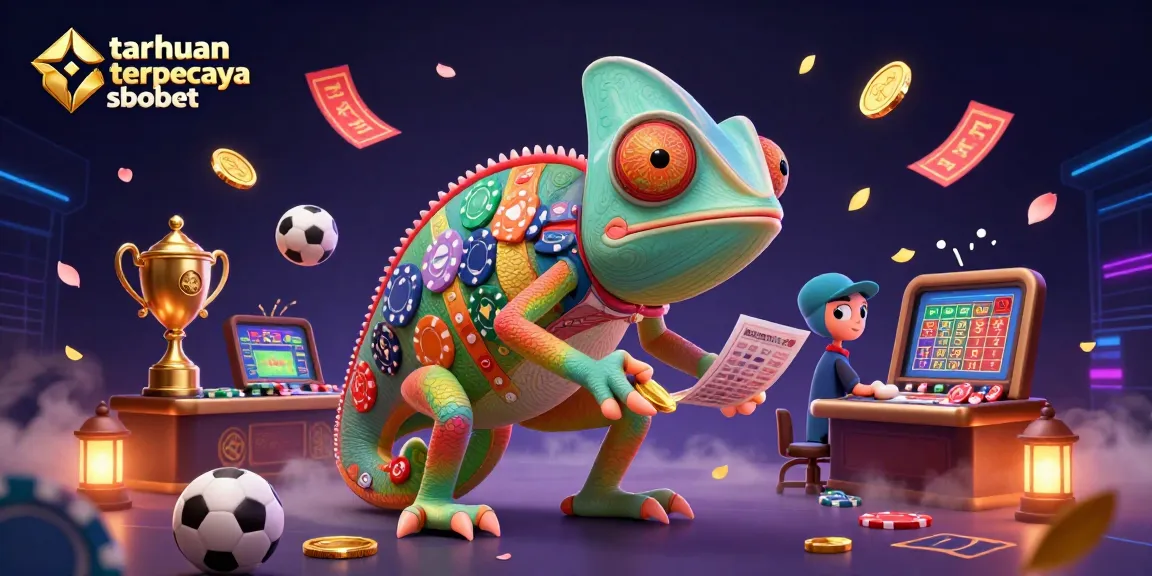 Engage with taruhan terpercaya sbobet as a colorful chameleon captures golden coins amidst a vibrant sports betting scene.