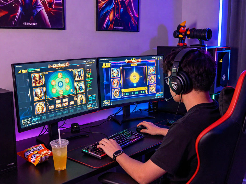 Engaged gamer exploring slot server luar negeri with vibrant monitors and gaming gear.