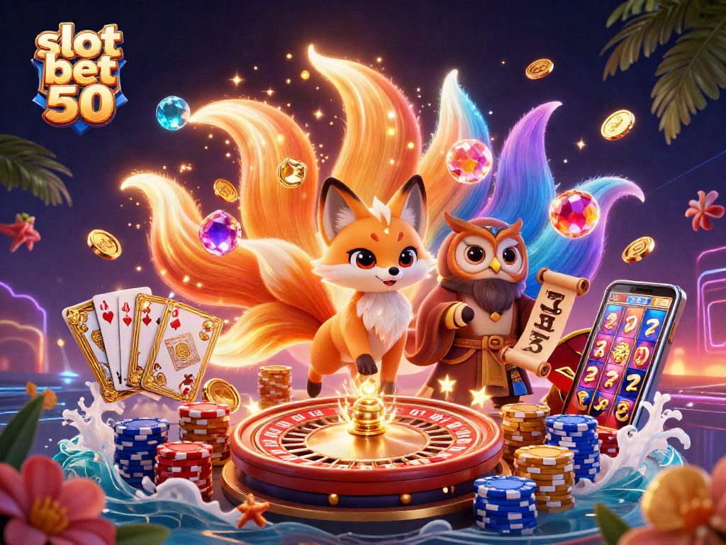 Engaging artwork featuring fantasy characters and casino elements showcasing slot bet 50 winning potential