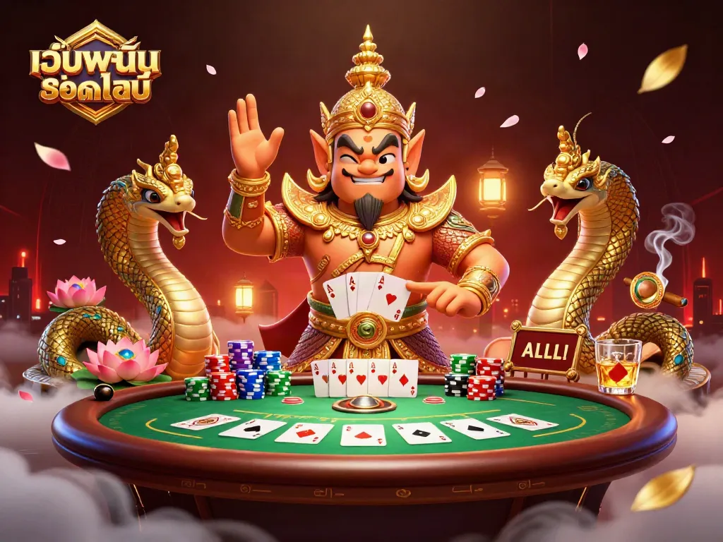 ภาพที่แสดงถึงเว็บพนันออนไลน์พร้อมการ์ตูนไทยในชุดเกราะทองคำ