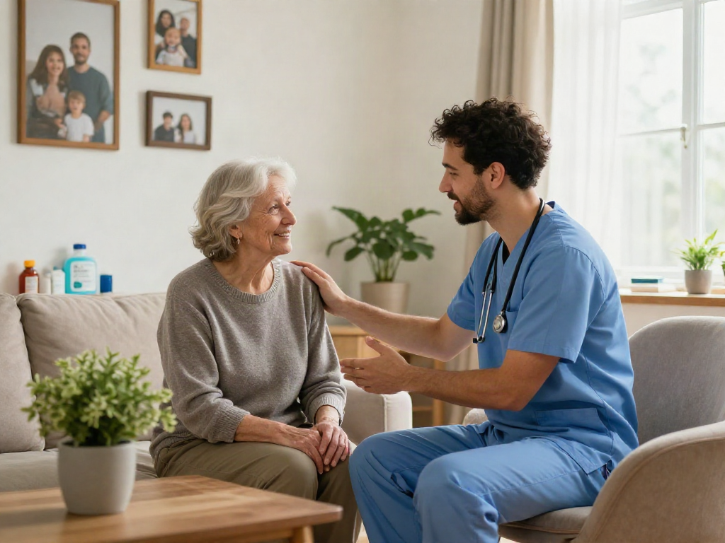 Caregiver assisting a new member in a serene home care environment, emphasizing compassionate support.