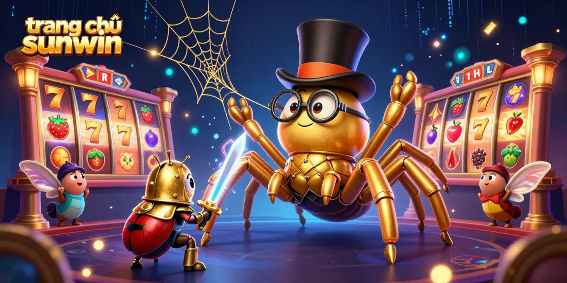 Engage with the vibrant scene at trang chủ sunwin showcasing a golden tarantula and beetle knight among spinning slot reels.