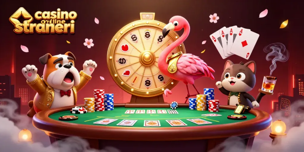 Casinò online stranieri: illustrazione 3D con personaggi di giochi e tavolo da poker animato.