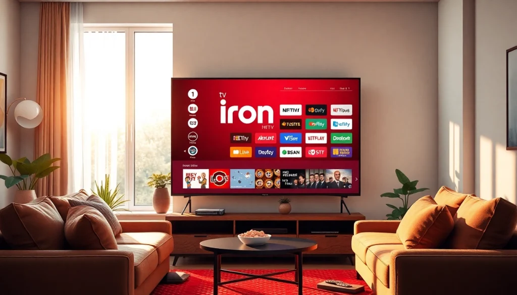 Watch engaging "iron tv" content in a modern, cozy living room setup.