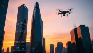 Showcase technology in a vibrant cityscape with illuminated skyscrapers at dusk.