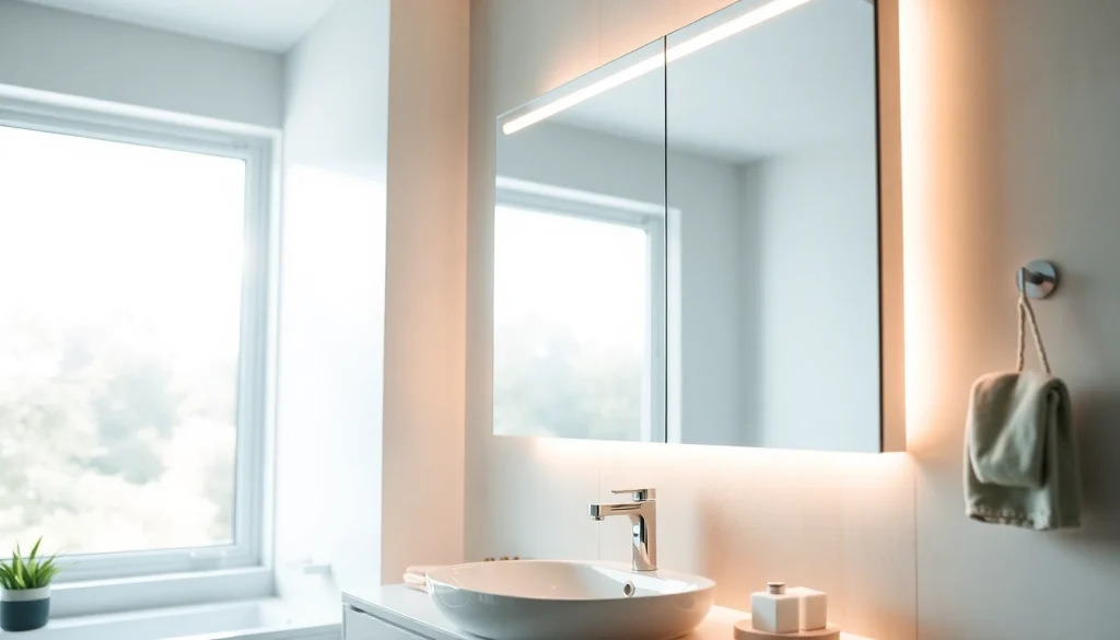 Erleben Sie eleganten spiegelschrank led mit integrierter Beleuchtung im modernen Badezimmer.