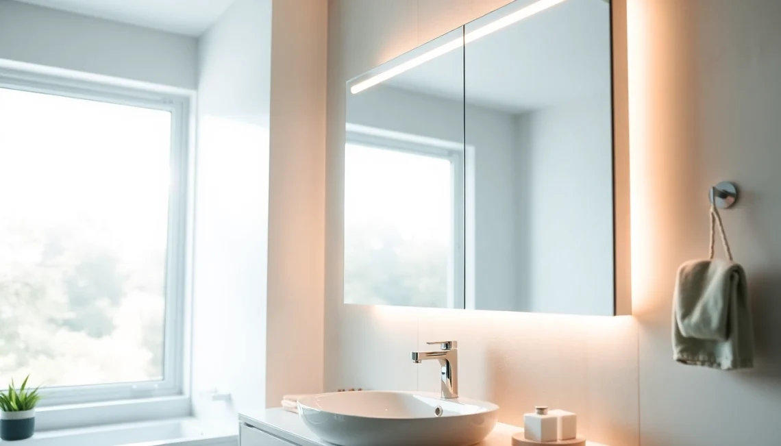 Erleben Sie eleganten spiegelschrank led mit integrierter Beleuchtung im modernen Badezimmer.