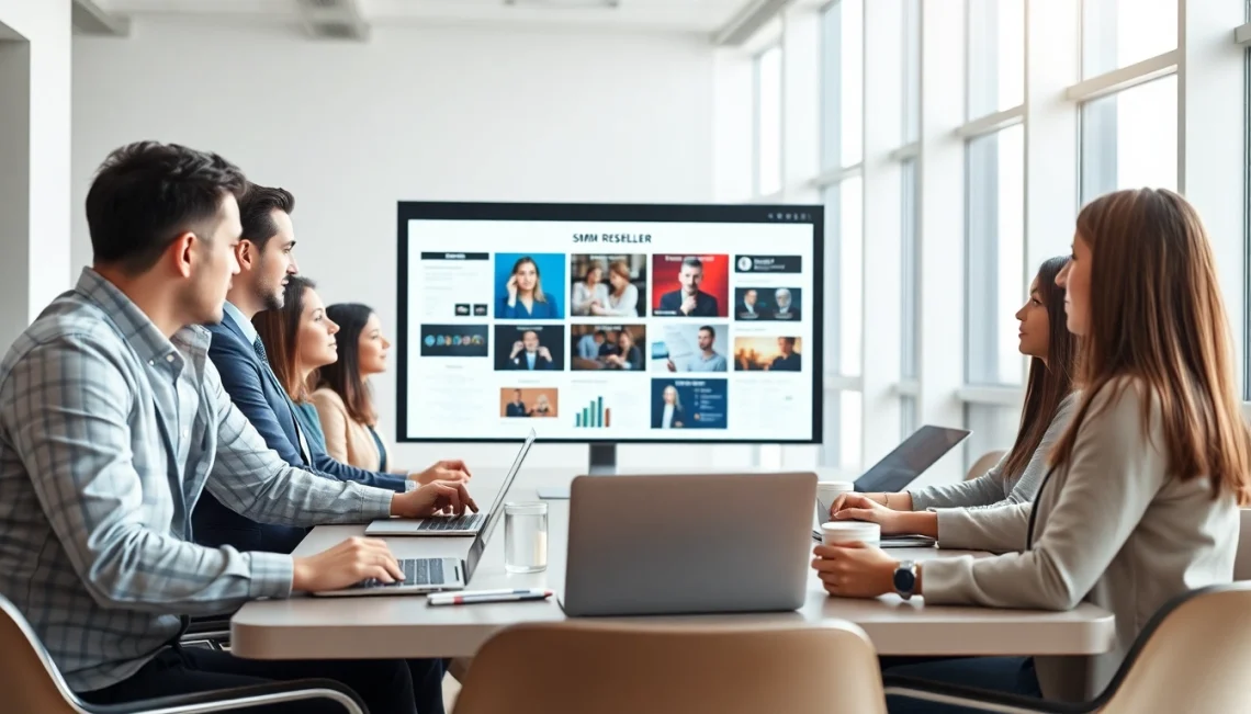 Engaged team discussing the smm reseller panel in a bright, modern office.