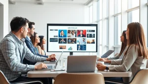 Engaged team discussing the smm reseller panel in a bright, modern office.