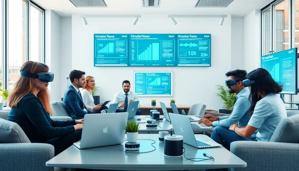 IT professionals collaborating in a modern office on Virtual Desktop Infrastructure (VDI) setups.