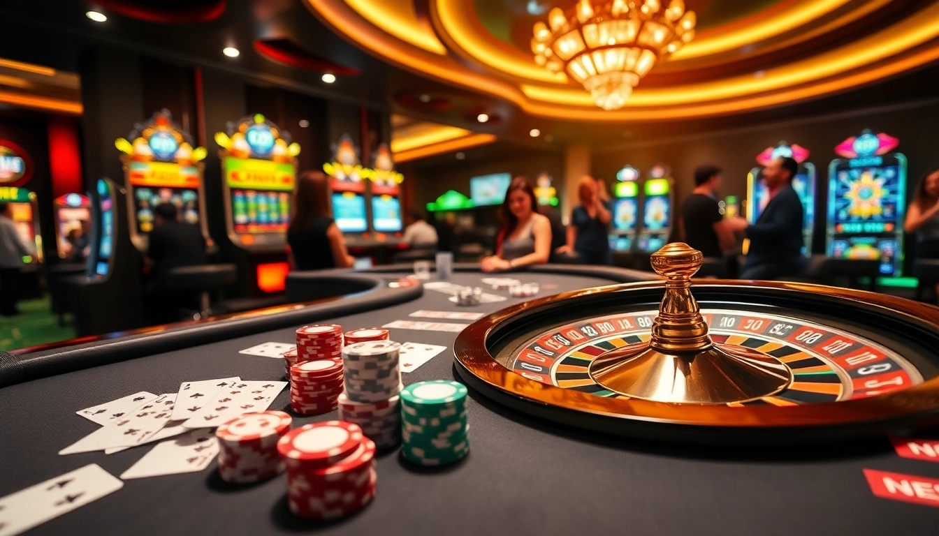 Players enjoy the thrilling games at RR88's luxurious casino, featuring poker chips and slot machines.