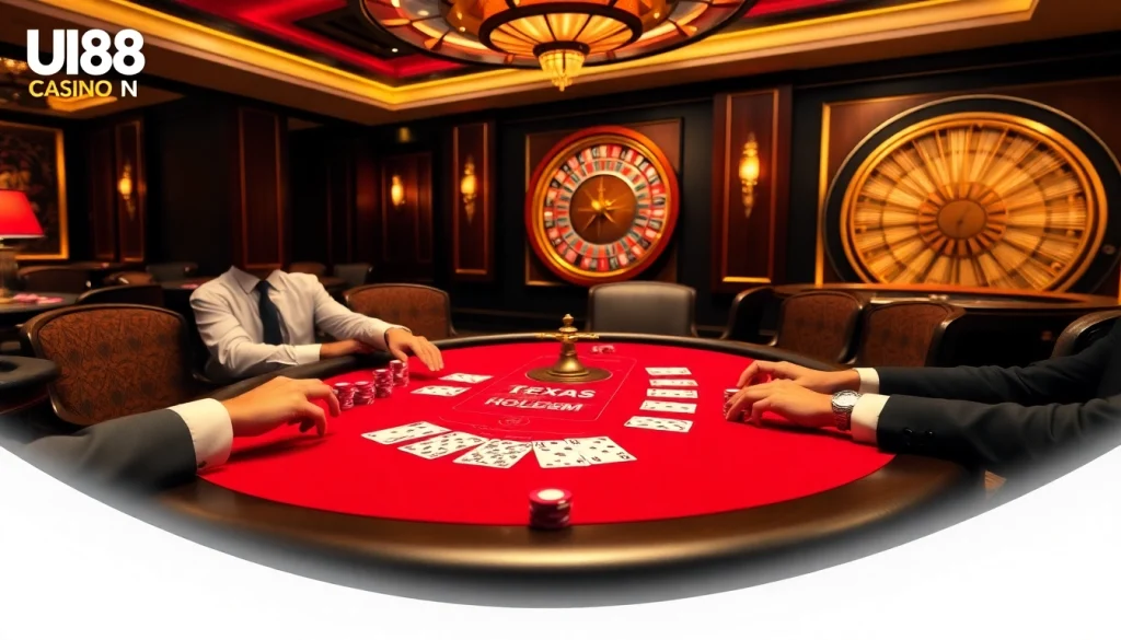Players enjoying a high-stakes poker game at UU88 Casino, showcasing vibrant chips and cards.