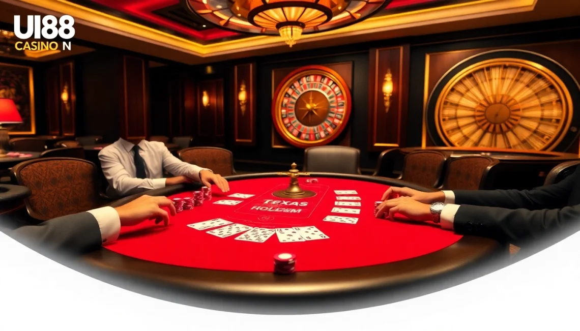 Players enjoying a high-stakes poker game at UU88 Casino, showcasing vibrant chips and cards.