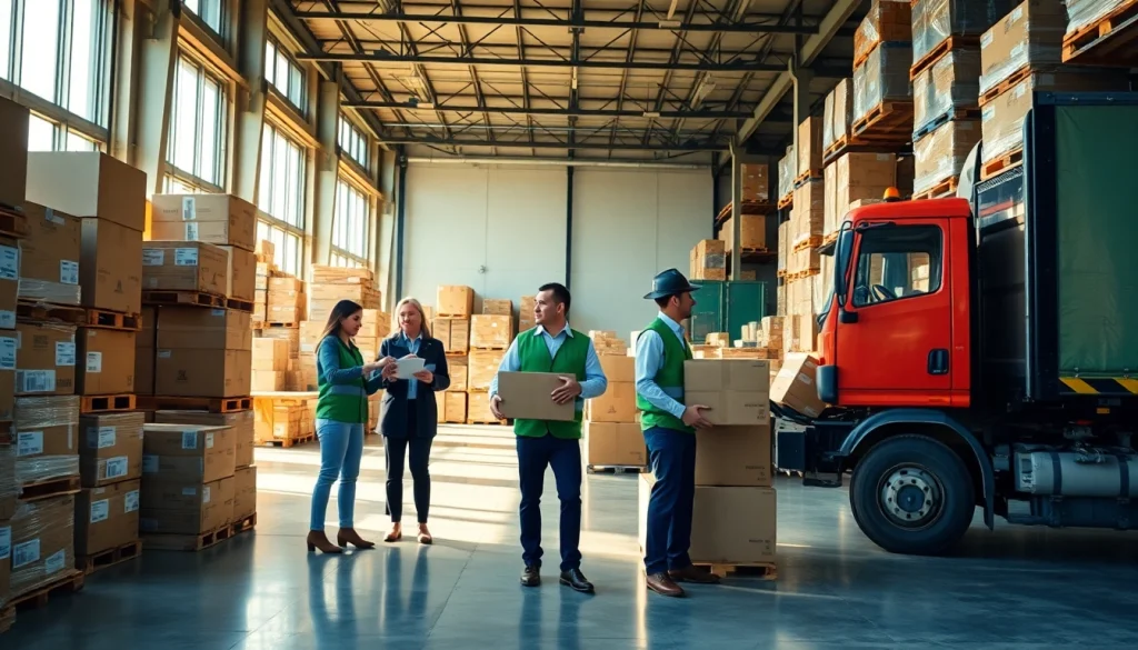 Optimize logistics operations with a professional team in a vibrant warehouse environment.