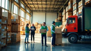 Optimize logistics operations with a professional team in a vibrant warehouse environment.