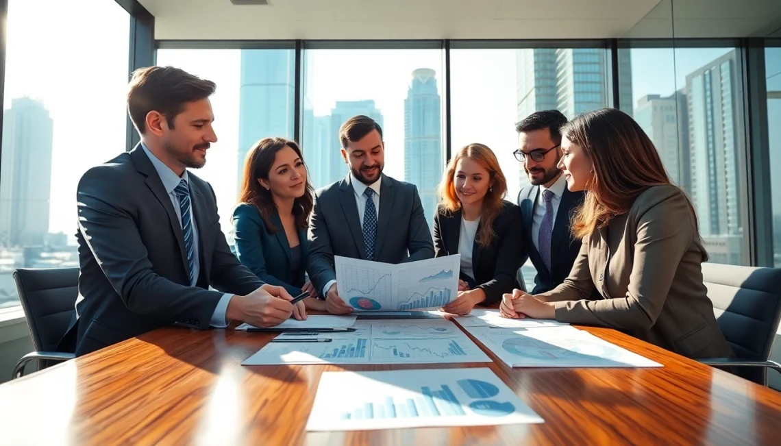 Engaging business consultants in Dubai collaborating on strategies with clients in a modern office.