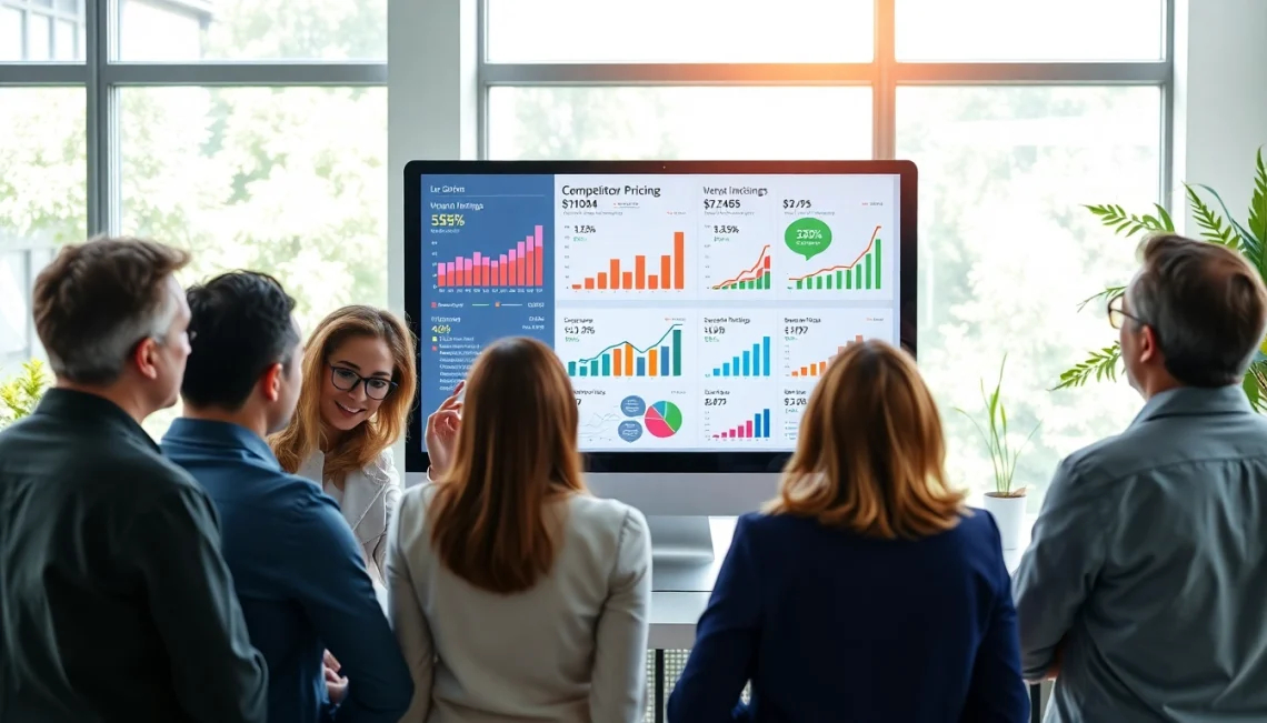 Analyze competitor pricing data with professionals discussing insights in a bright office.