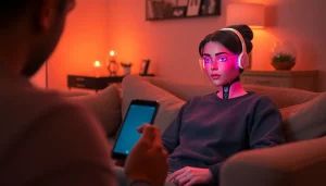 Engaging interaction in a cozy setting highlighting sex chat AI experience.