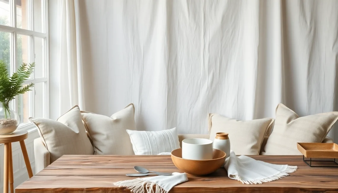 Linnen stof met een elegante uitstraling en textuur op rustieke tafel