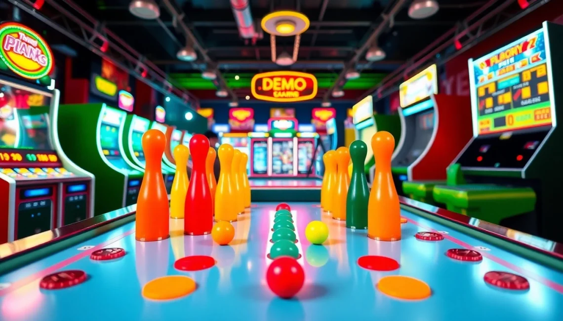 Permainan demo plinko menggugah semangat dalam suasana arcade dengan bola berwarna-warna cerah.