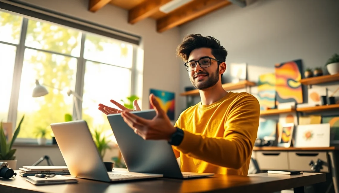 Young adult demonstrating how to get paid for content creation fast in a bright home office.