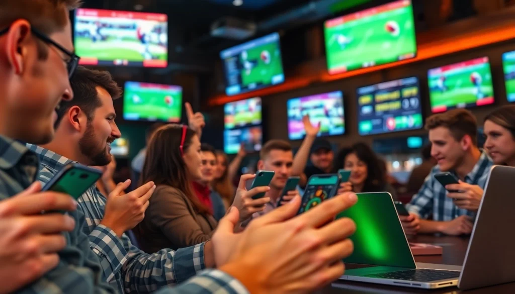 Engaged users enjoy online sports betting California through mobile devices, creating a lively atmosphere.
