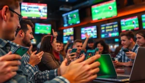 Engaged users enjoy online sports betting California through mobile devices, creating a lively atmosphere.
