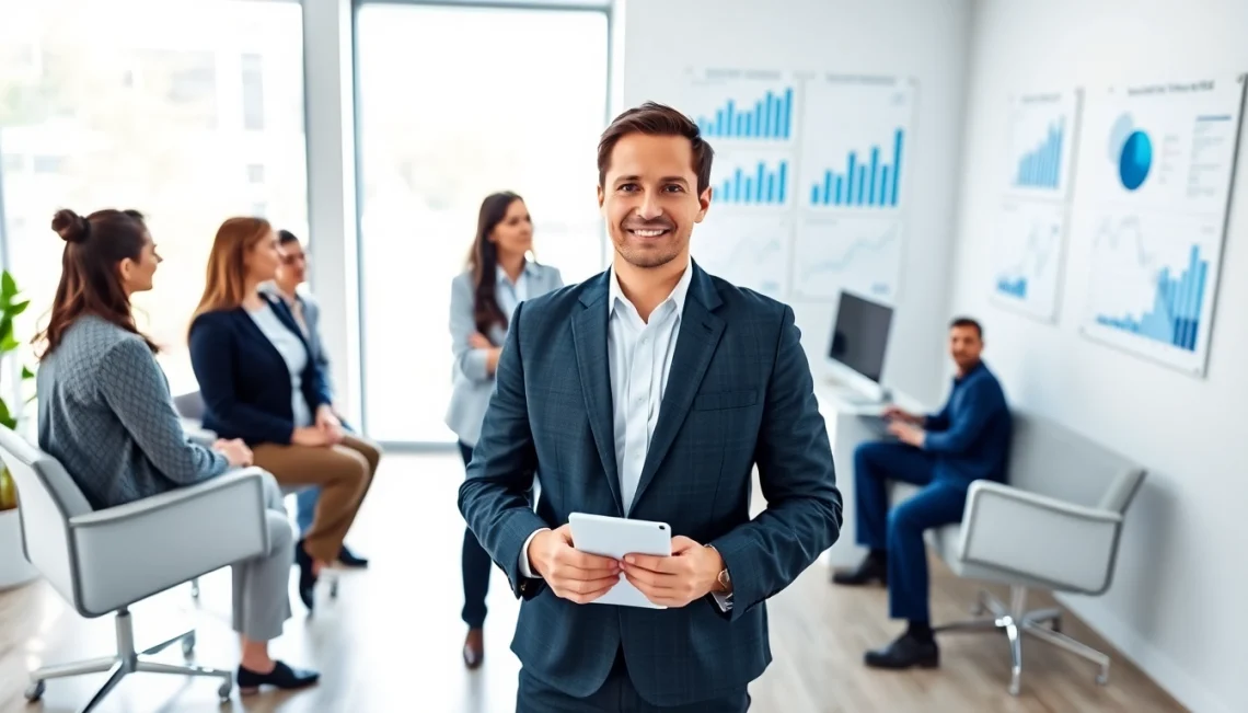 Dental business consultant guiding dental practice management strategies in a modern office setting.
