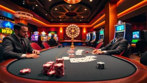 Experience the excitement at the poker table with W88 link, showcasing a vibrant casino environment.
