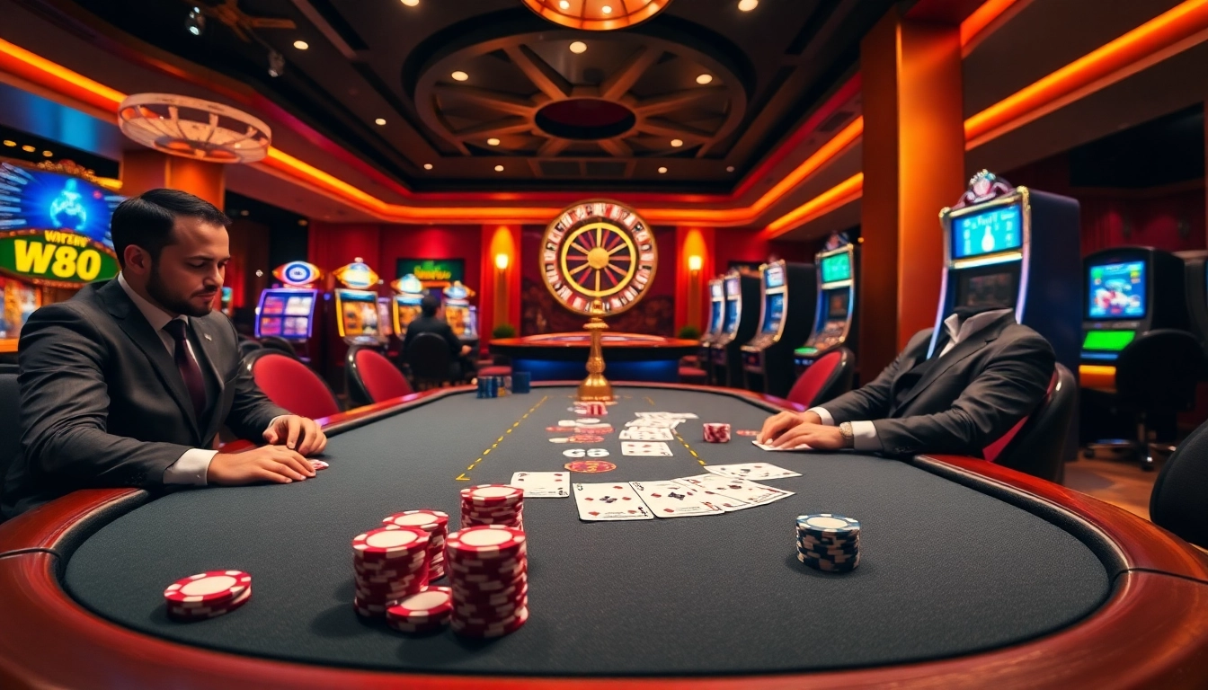 Experience the excitement at the poker table with W88 link, showcasing a vibrant casino environment.