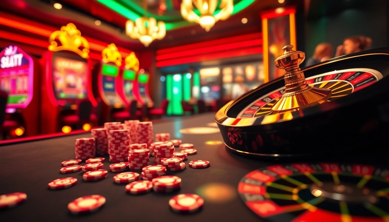 Engage with Onicplay's vibrant online casino scene, showcasing slot machines and poker chips.